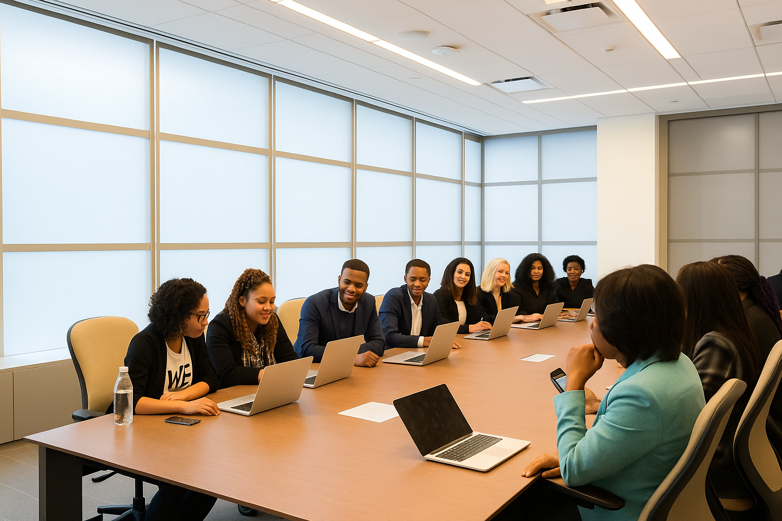 A diverse team of business professionals collaborating in a modern meeting room.